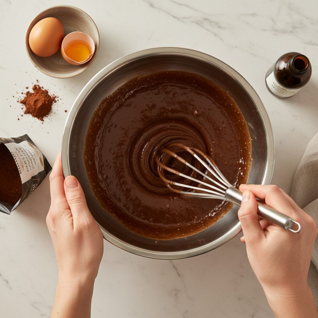 Brownie batter being whisked with melted butter and sugar for shiny top