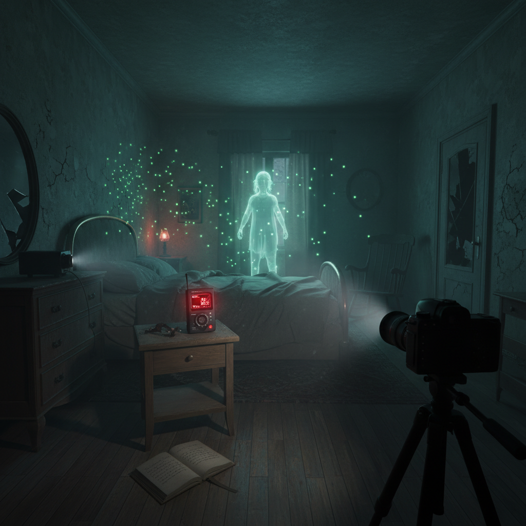 Phasmophobia VR evidence setup with DOTS projector, EMF reader, and book placed in ghost room