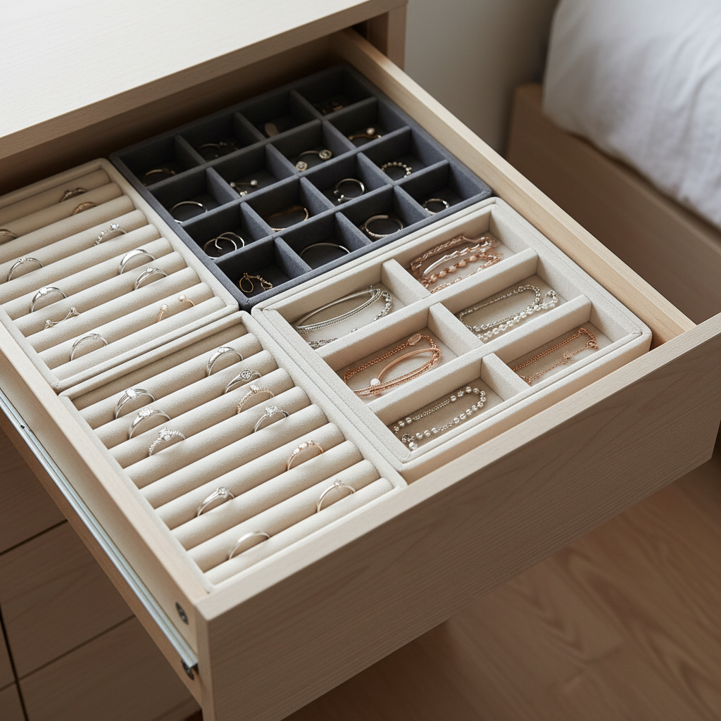 Drawer organizer with compartments for rings, earrings, and bracelets in a small space