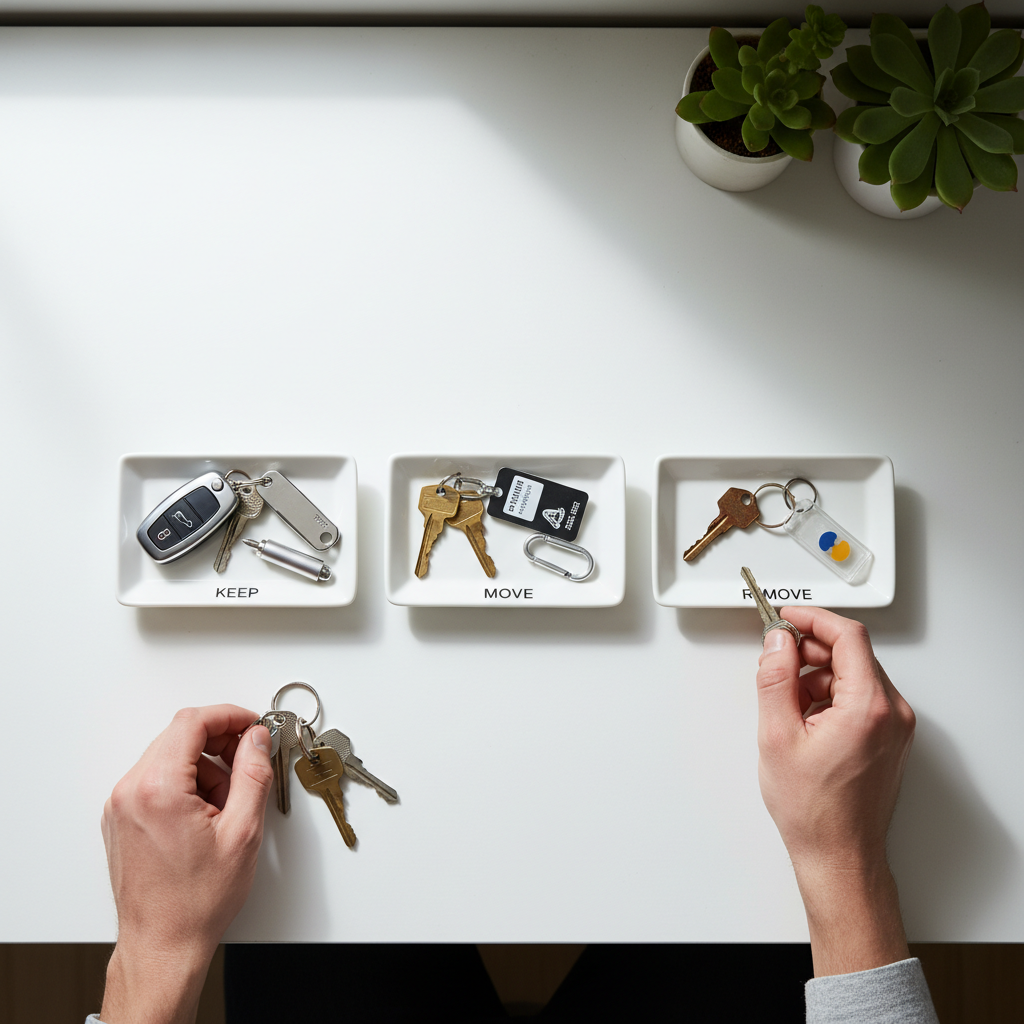 Sorting car keys and accessories into keep, move, and remove piles