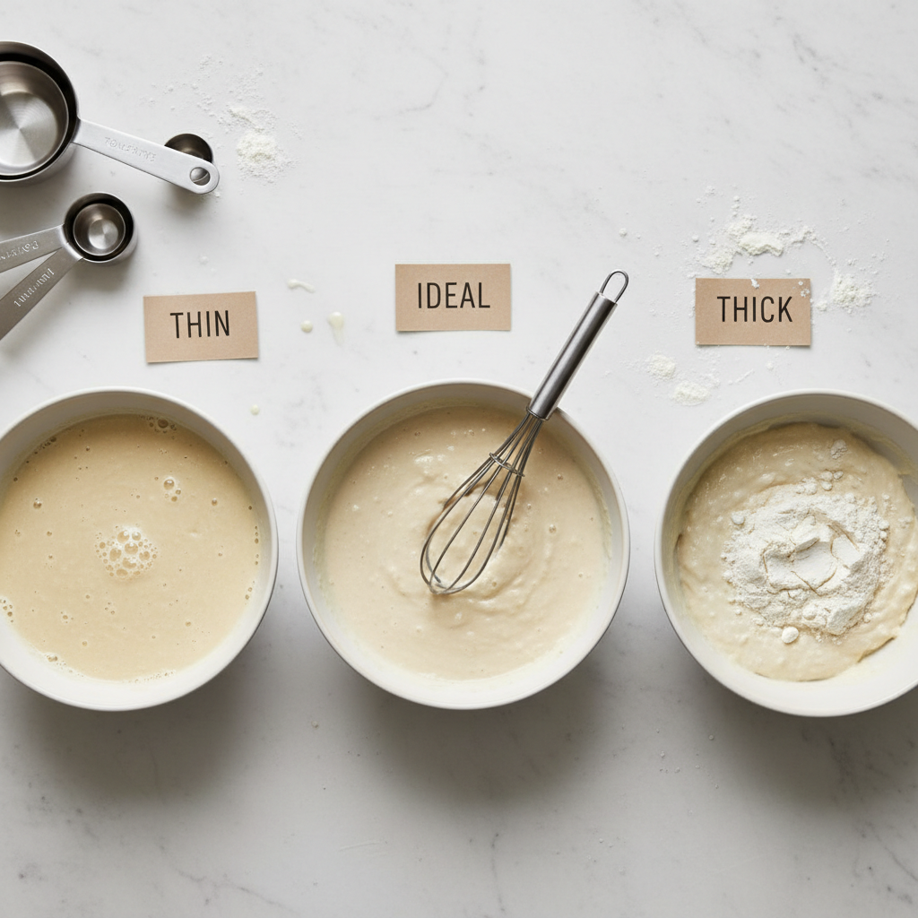 Top-down view of waffle batter consistency comparison in bowls