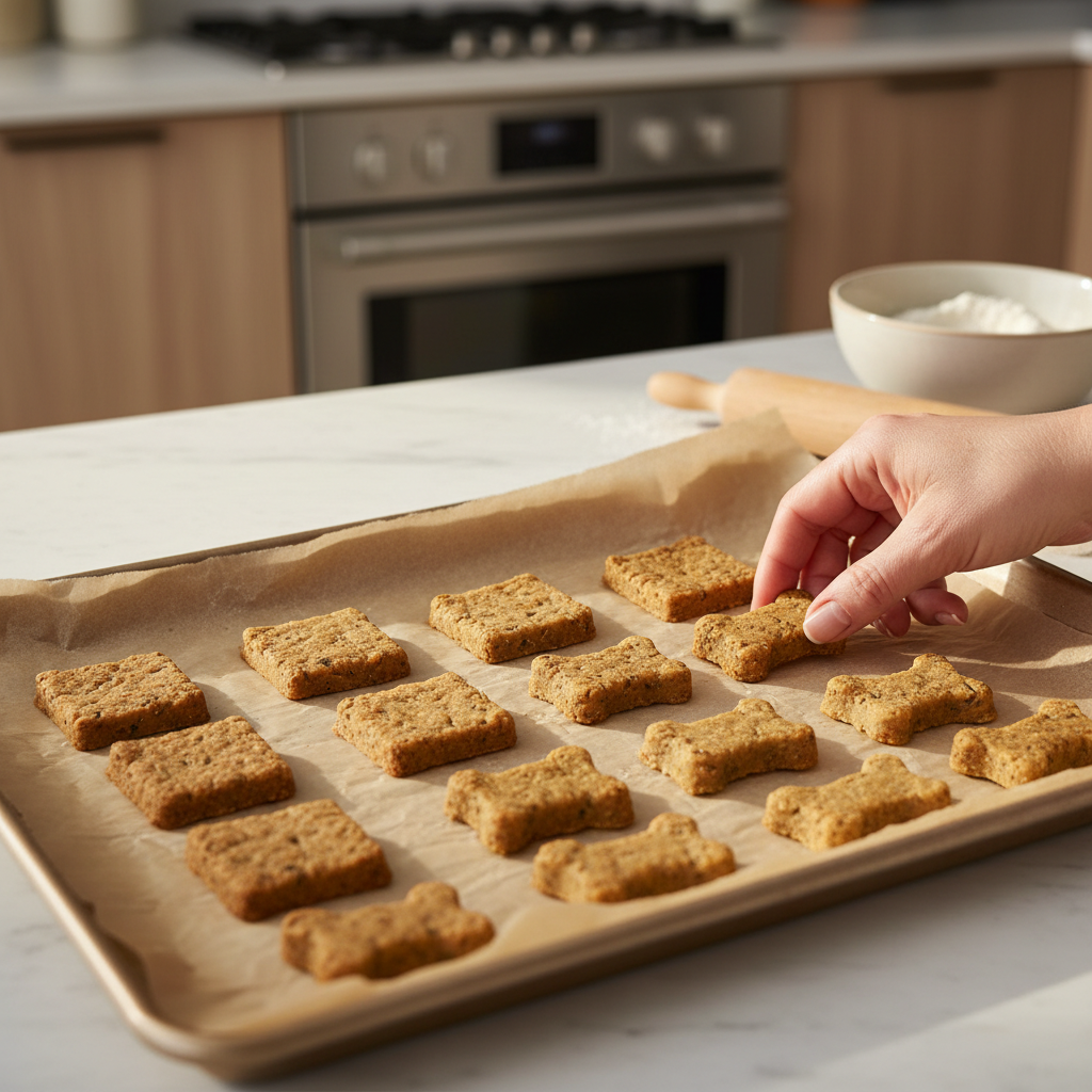 Baking sheet with homemade dog treats cut into simple shapes