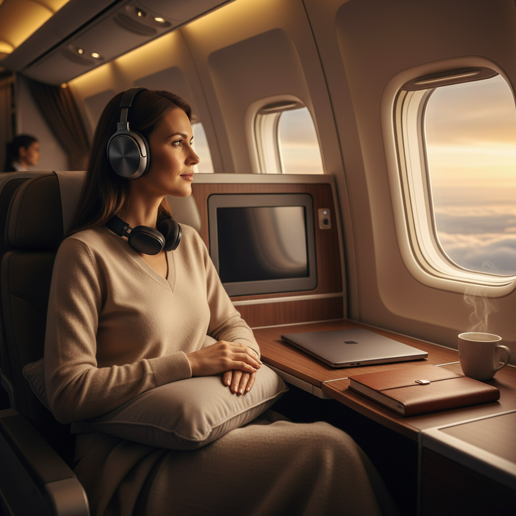 Traveler using noise-canceling headphones on an airplane to block cabin noise