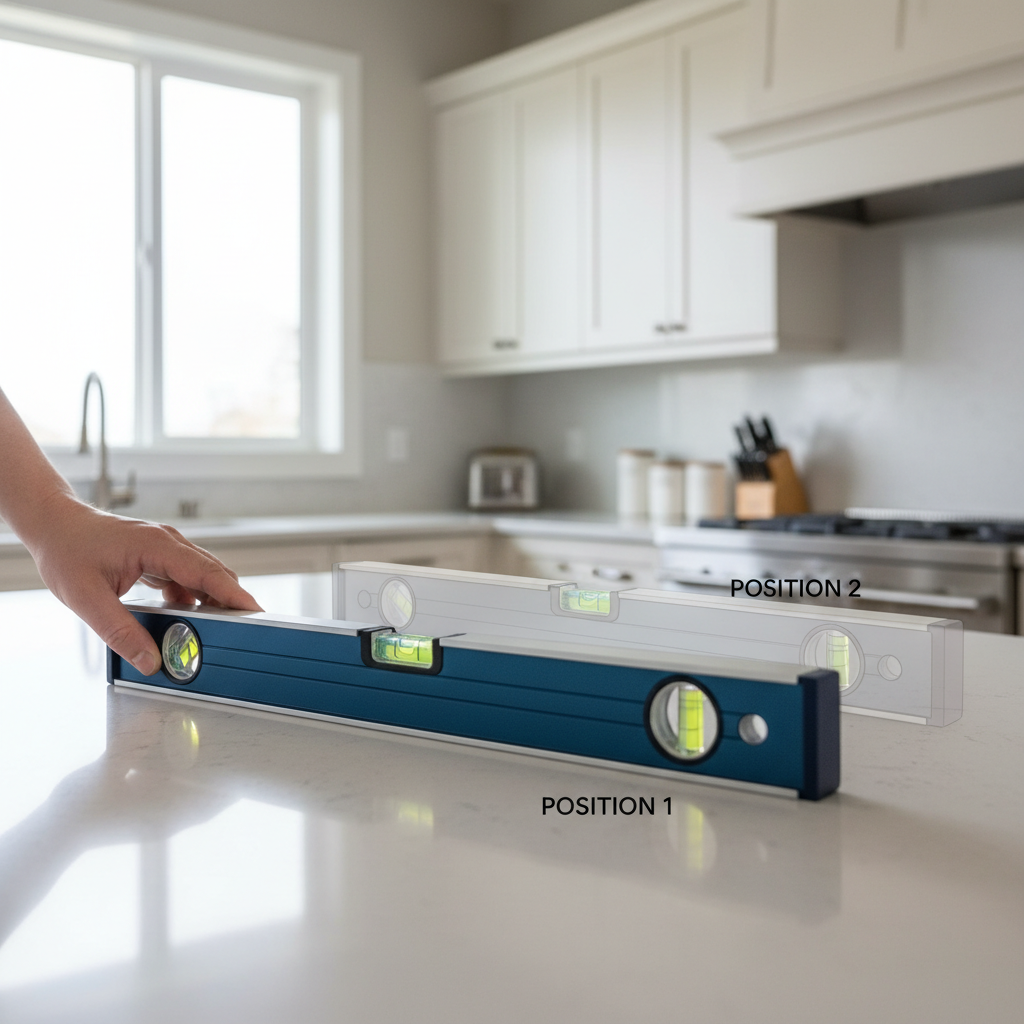 Checking a spirit level by flipping it 180 degrees on a countertop