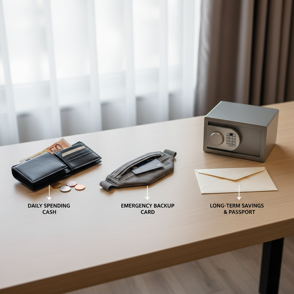 Money hiding system for travel showing three layers: wallet, hidden pouch, and hotel safe backup