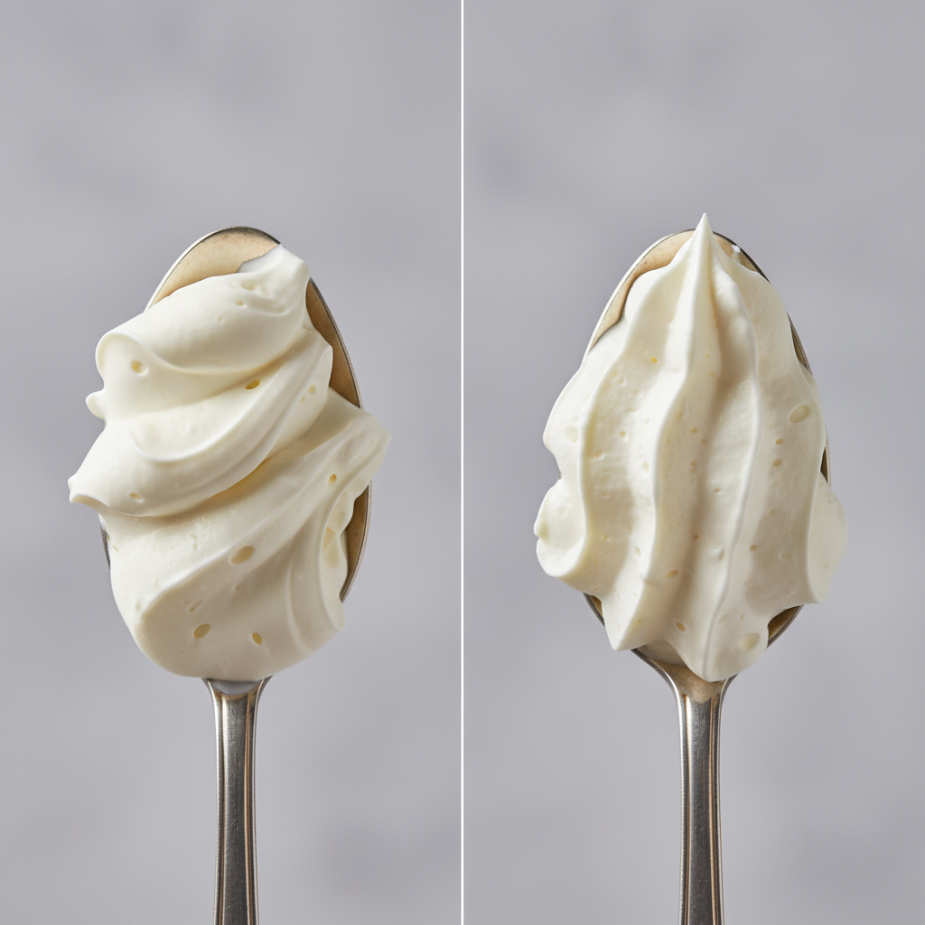 Close-up of whipped cream showing soft peaks versus stiff peaks
