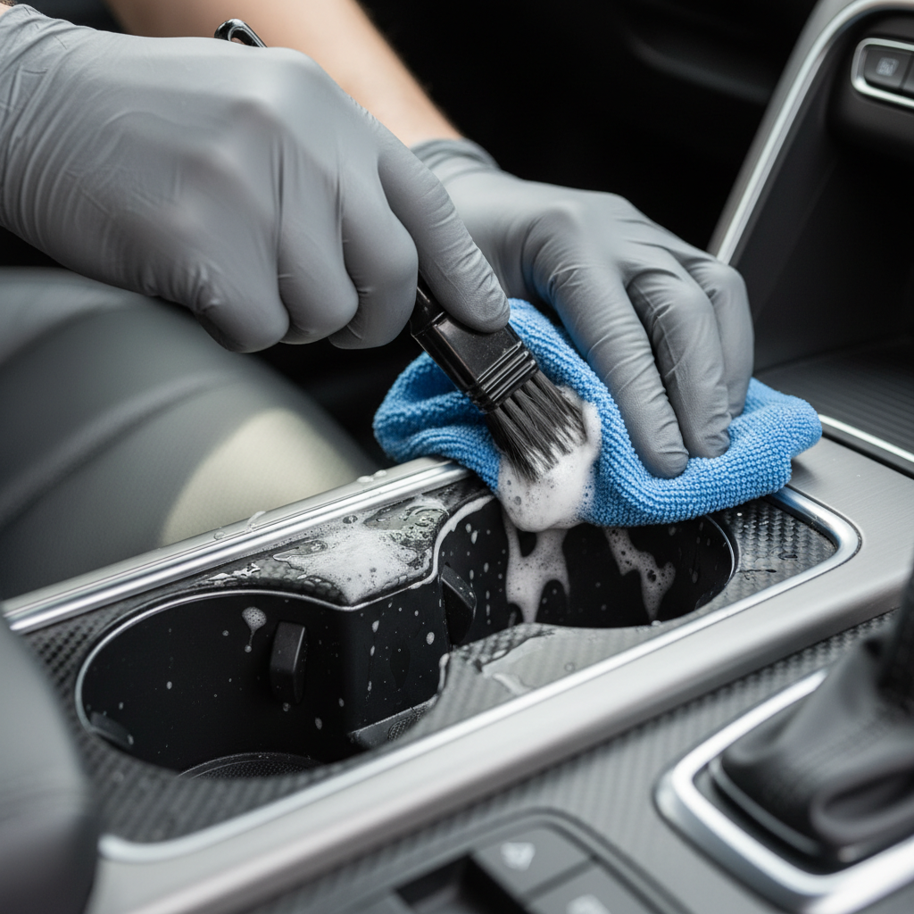 Detailing brush cleaning a sticky car cup holder area