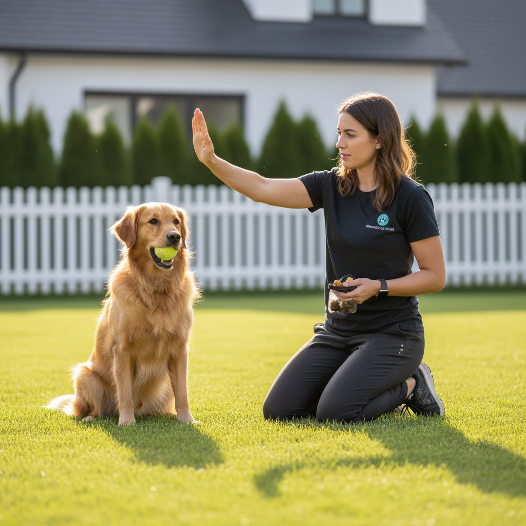 Trainer teaching dog to hold a ball calmly and focus on cue