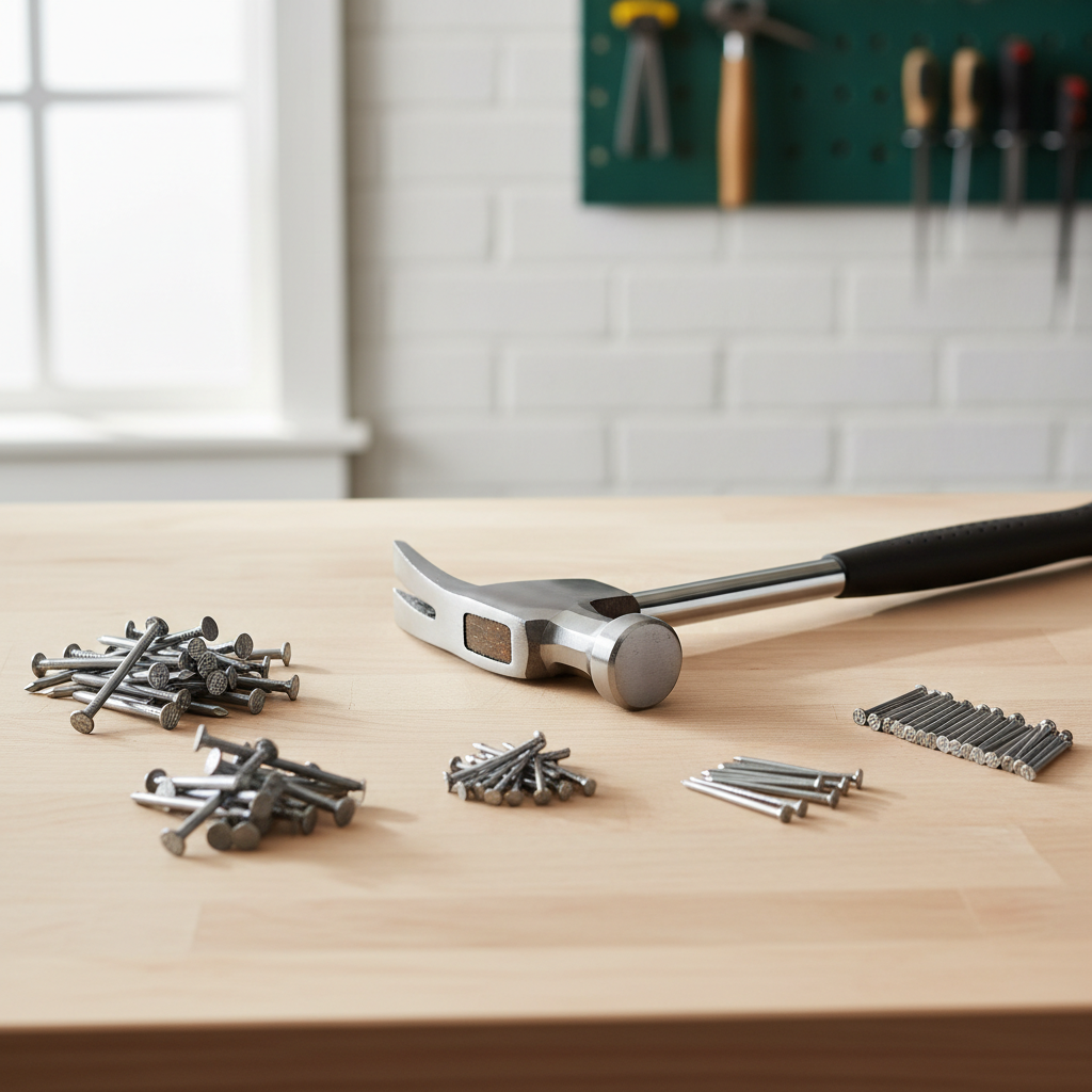 Close-up of different nail types and a hammer on a workbench for choosing the right fastener