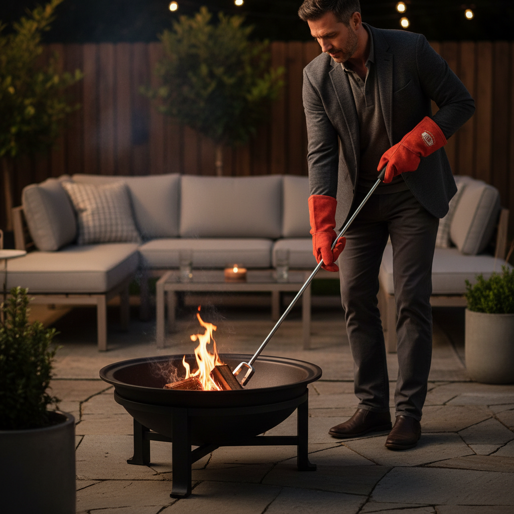 Using a fire pit poker at a safe distance with heat-resistant gloves