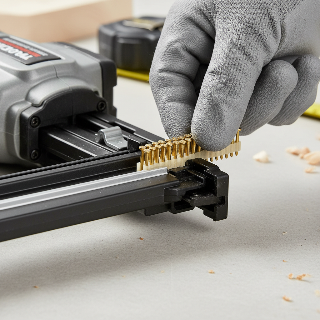 Close-up of brad nail strip aligned in a brad nailer magazine rail