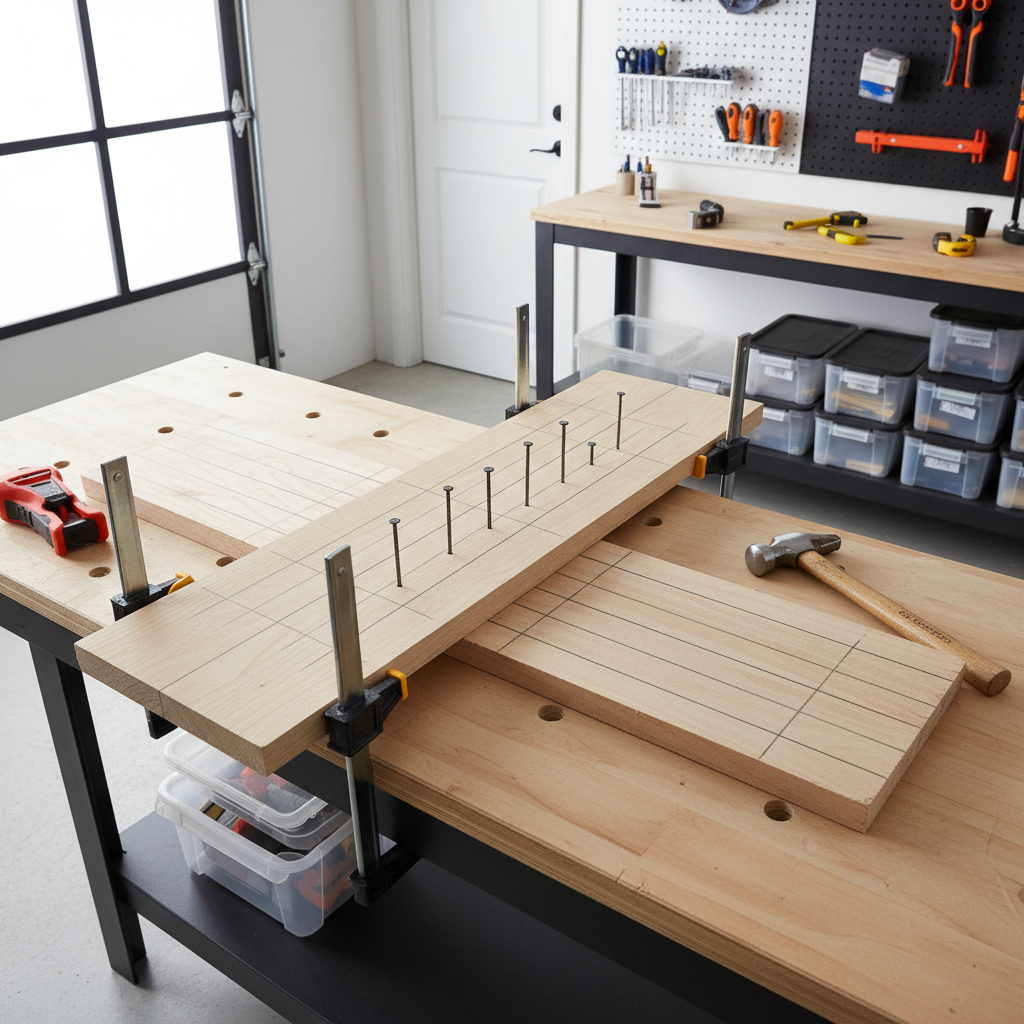 DIY practice setup for hammering nails straight into a 2x4 with pencil lines and clamps