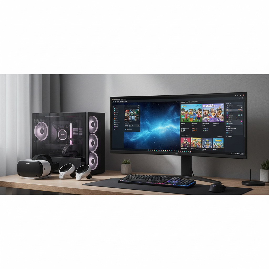 Roblox VR setup on a PC with a VR headset and SteamVR open