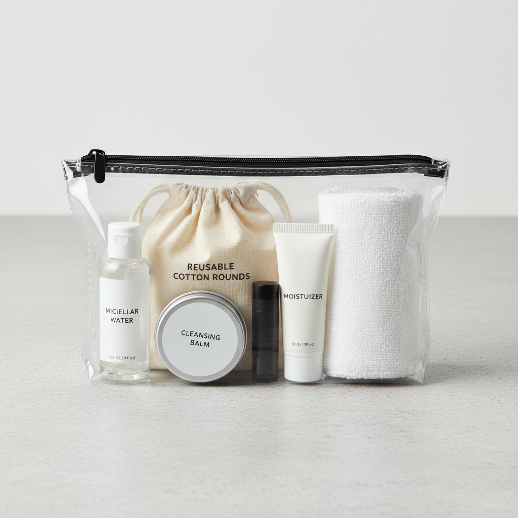 TSA-friendly travel toiletry bag with mini skincare and makeup remover items