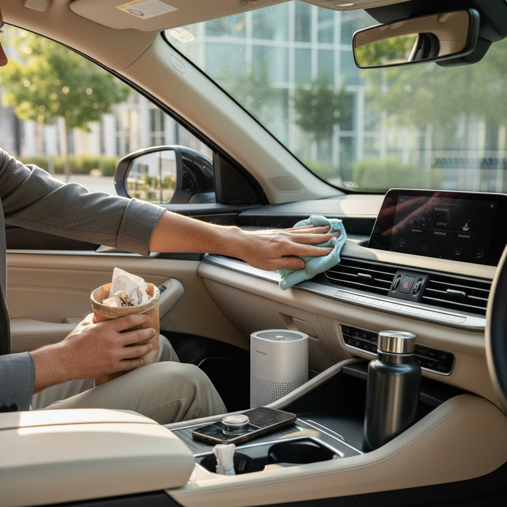 Driver doing a quick car interior reset with wipes and a small trash bag