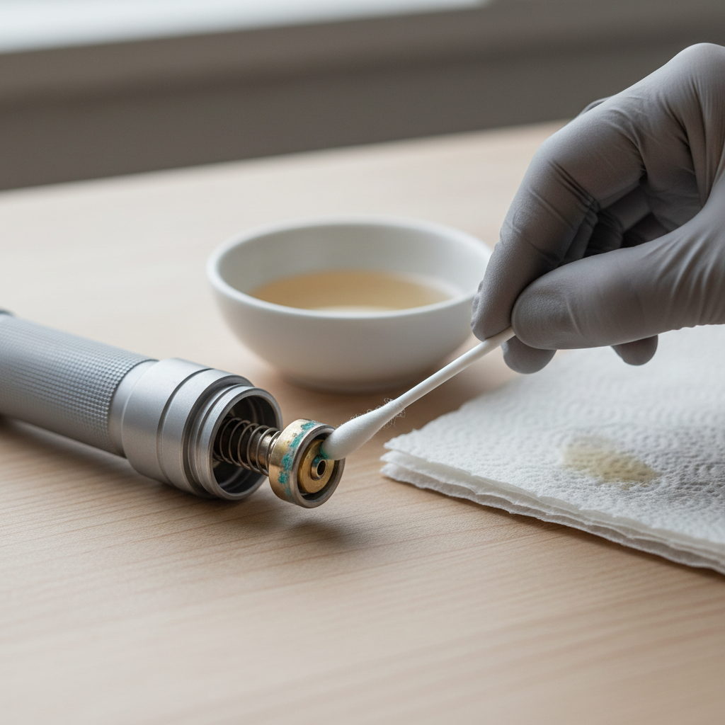 Cleaning flashlight battery corrosion on contacts with cotton swab on workbench