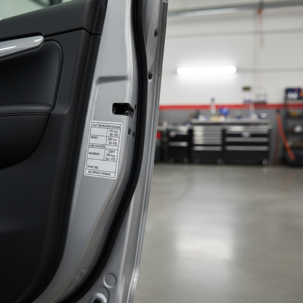Close-up of driver-side door jamb tire pressure placard showing recommended PSI