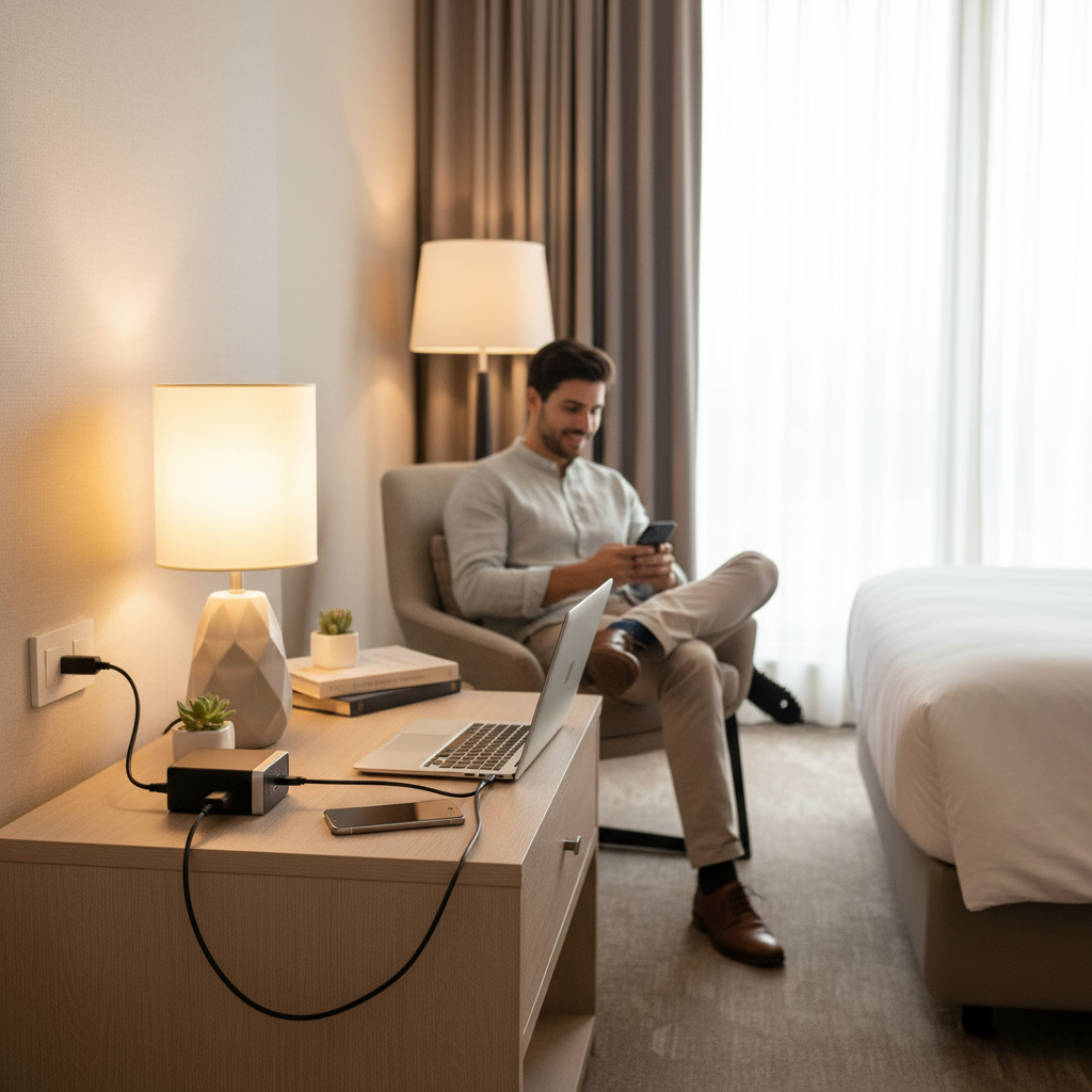 Traveler charging phone and laptop safely with a universal travel adapter in a hotel room
