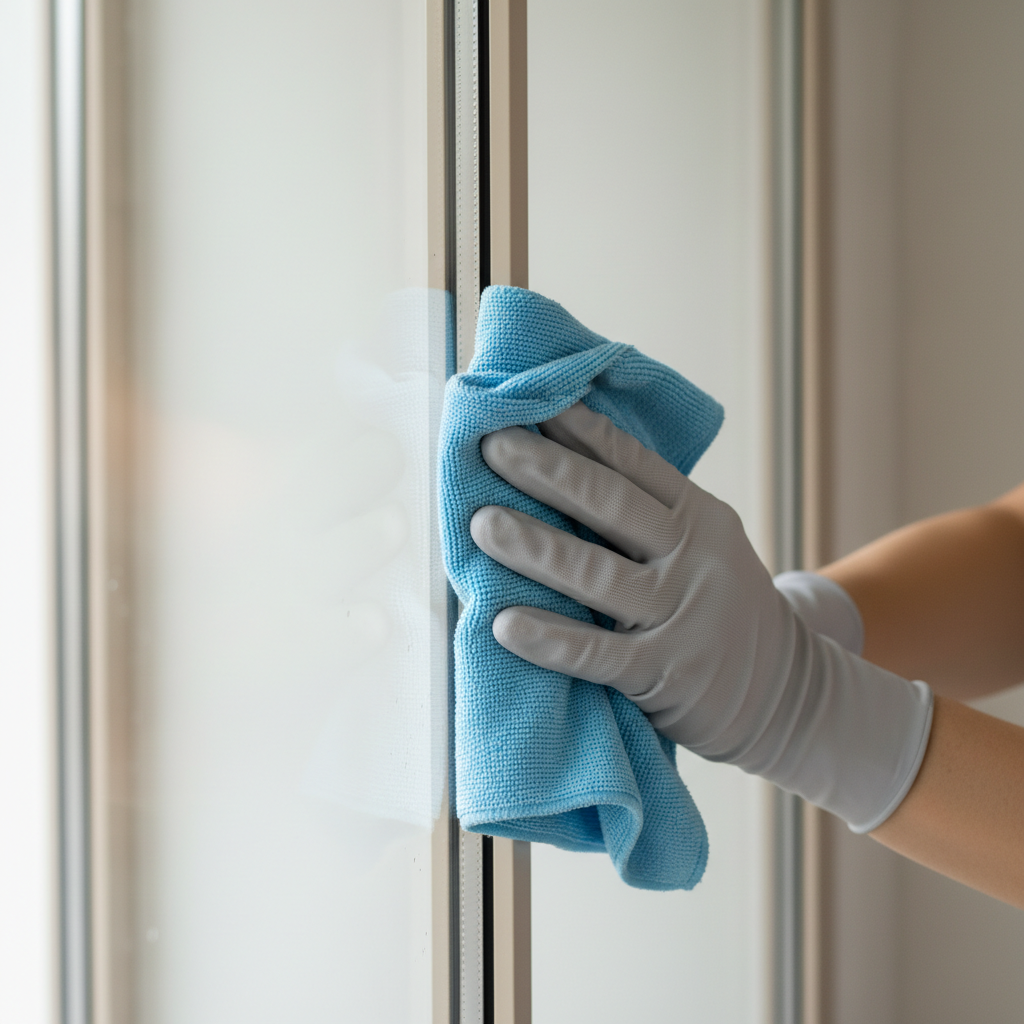 Buffing a window edge with a clean microfiber cloth to prevent streaks
