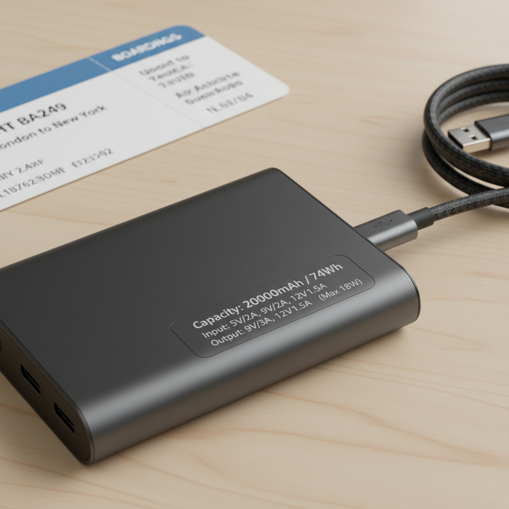Close-up of power bank label showing watt-hours for airline compliance