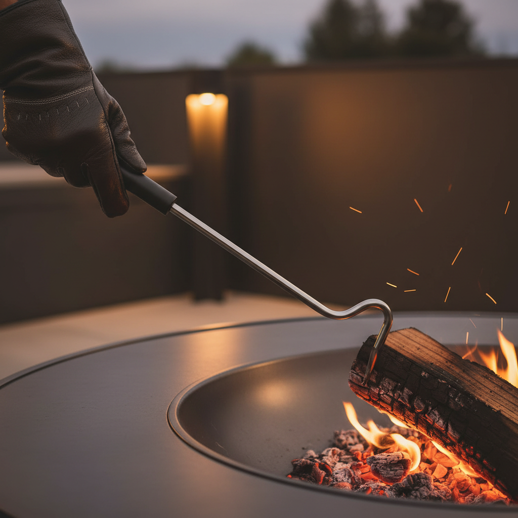 Close-up of poker repositioning a burning log toward the center of a fire pit