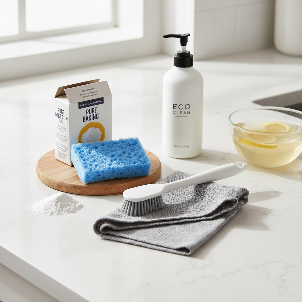 Air fryer cleaning tools: non-scratch sponge, soft brush, dish soap, microfiber cloth