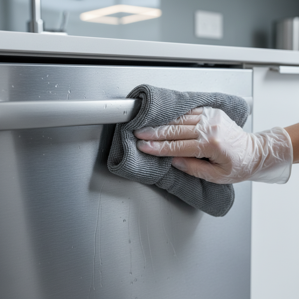 Close-up of wiping stainless steel with the grain to avoid streaks