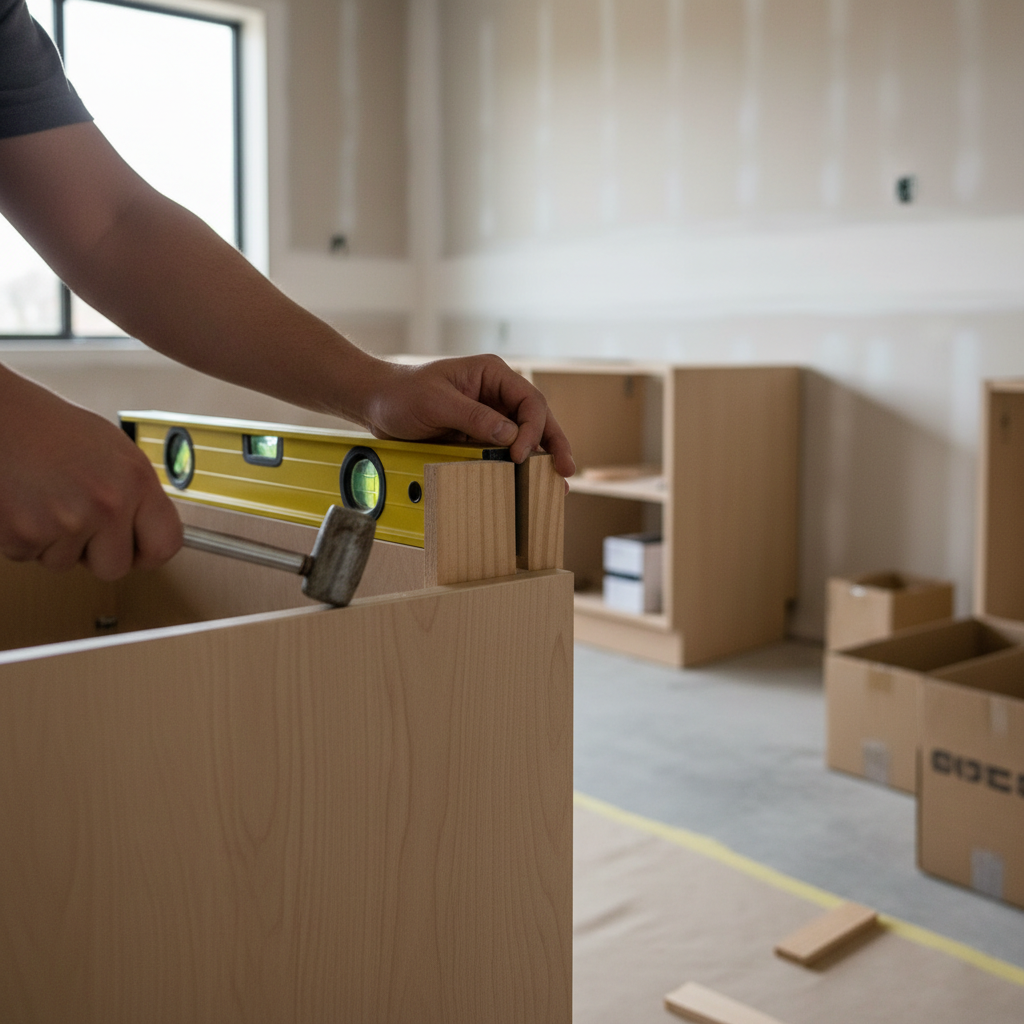 Shimming a cabinet base while checking level across the front edge