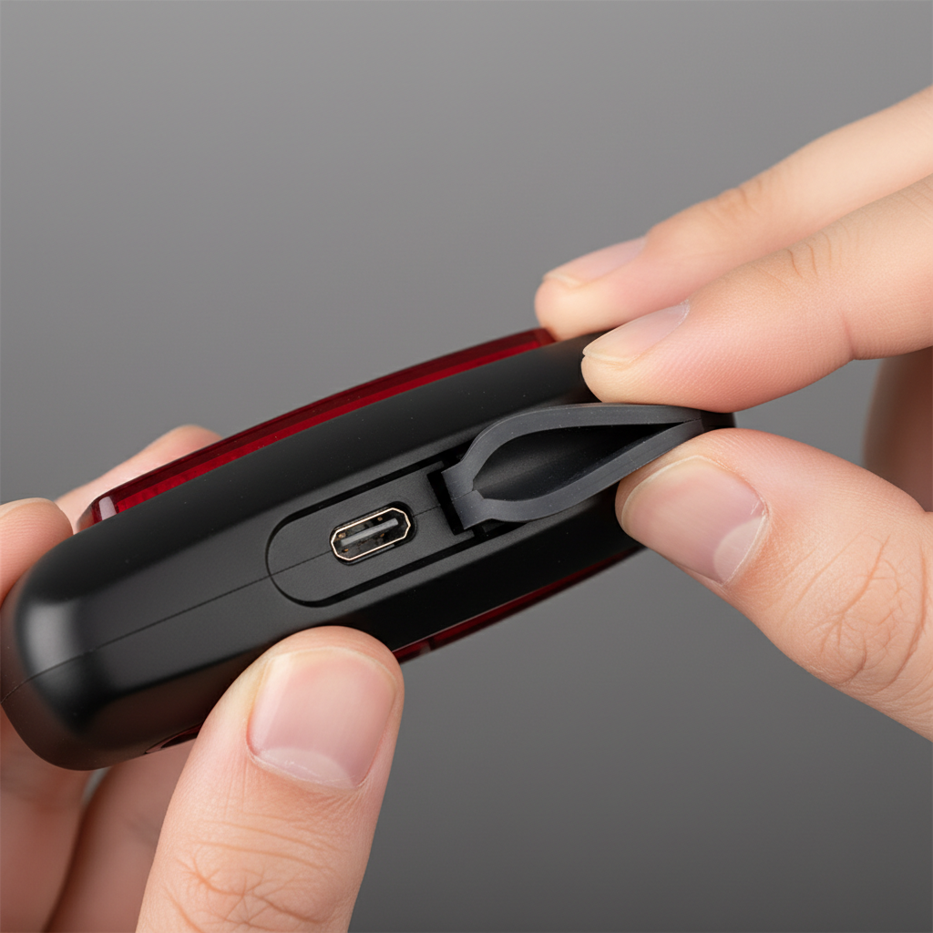 Close-up of bike light charging port under rubber waterproof cover