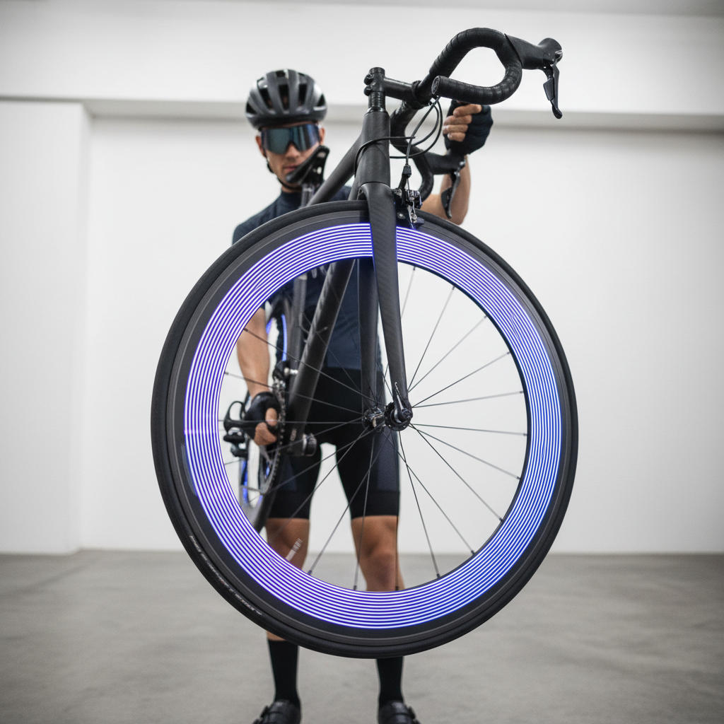 Spinning a bicycle wheel to test installed LED wheel lights for rubbing and balance