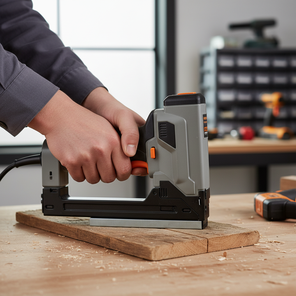 Test firing an electric staple gun into scrap wood with staples seated flush