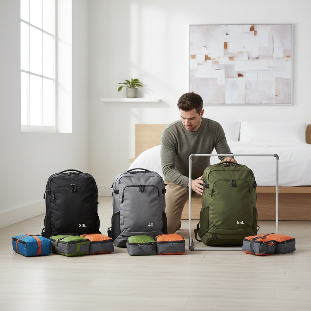 Traveler comparing backpack sizes in liters for carry-on packing