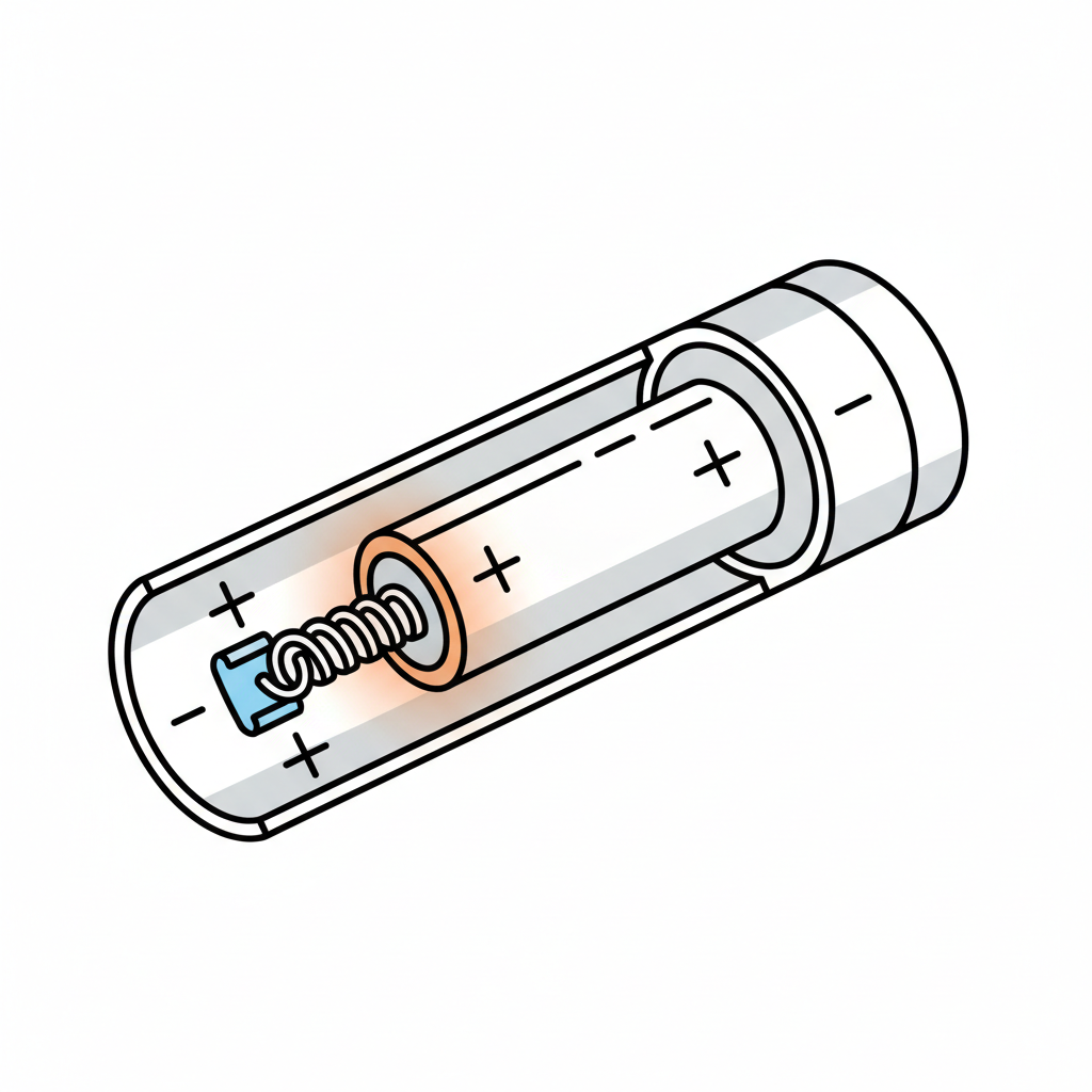 Flashlight battery polarity diagram showing correct plus and minus orientation