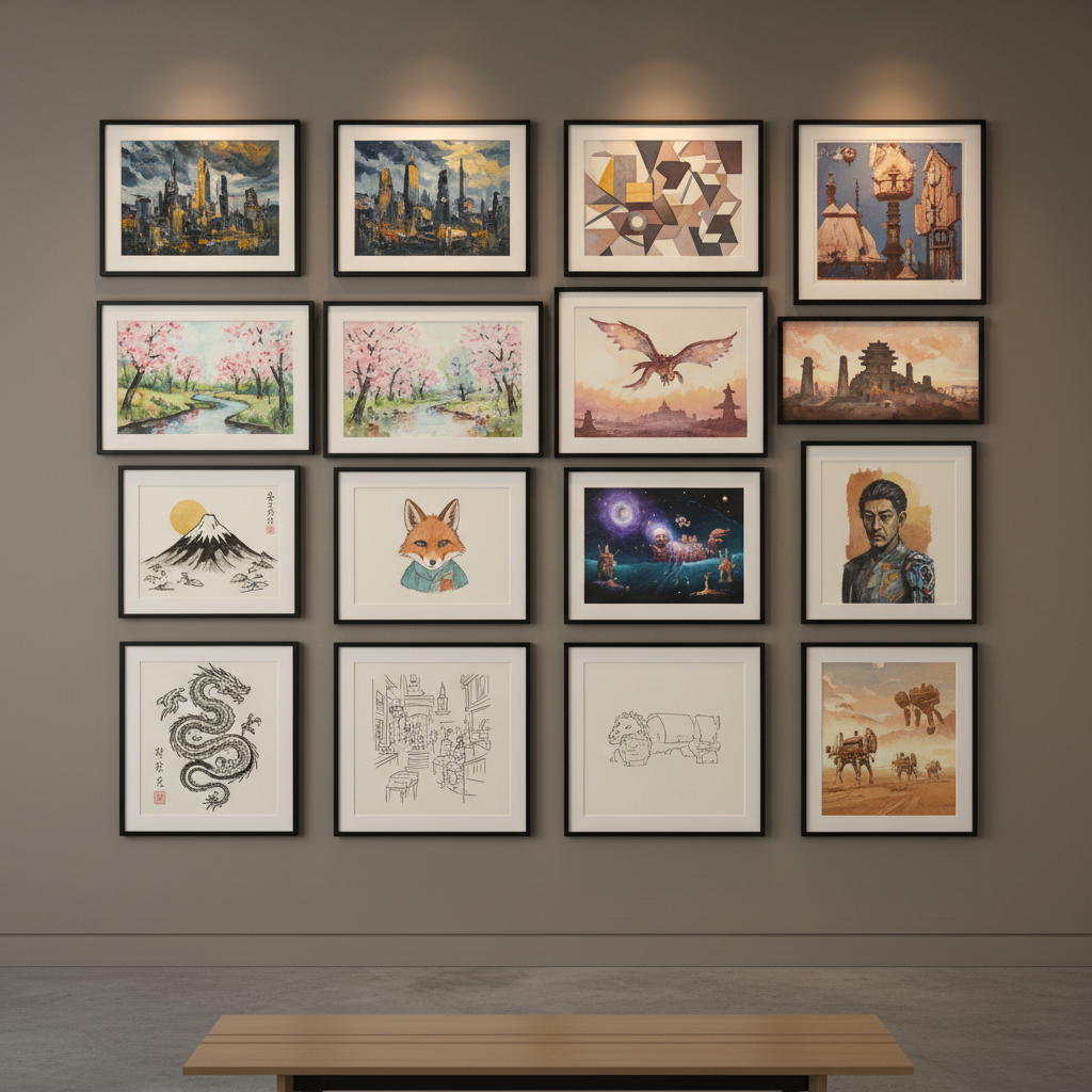 Gallery wall of AI artworks showing different art styles from Midjourney prompts