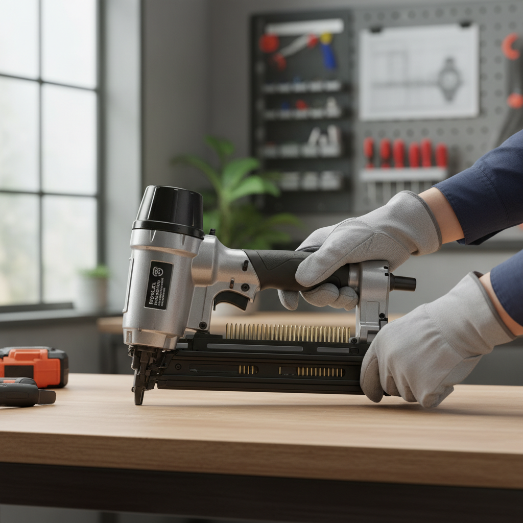 Brad nailer magazine being opened for loading brad nails