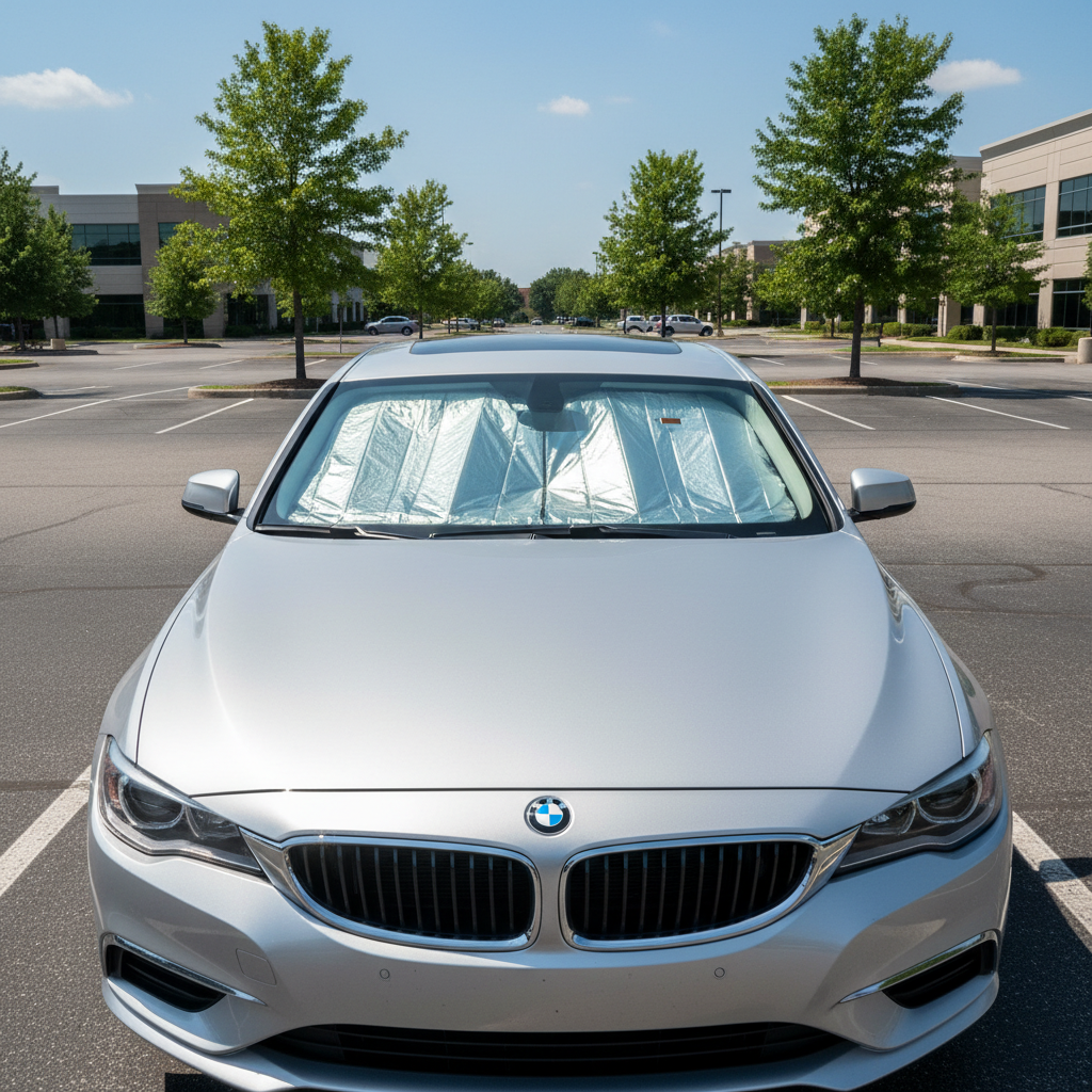 Sunshade and reflective window protection keeping a parked car cooler in summer