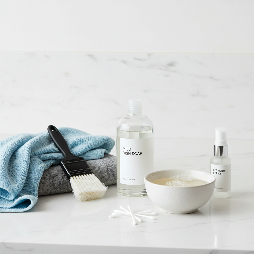 Cleaning supplies for car cup holder coasters including dish soap, microfiber cloth, soft brush