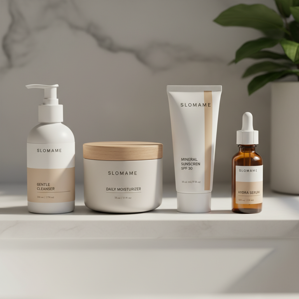 Simple beginner skincare routine products laid out in order cleanser moisturizer sunscreen