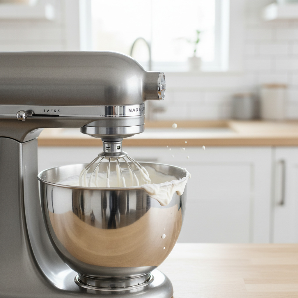 Stand mixer whipping cream to soft peaks in a metal bowl