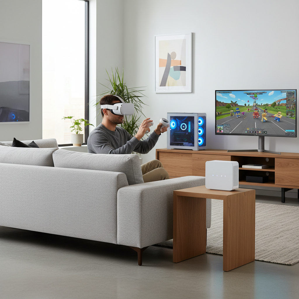 Meta Quest streaming Roblox VR over Wi-Fi with router placement and PC nearby