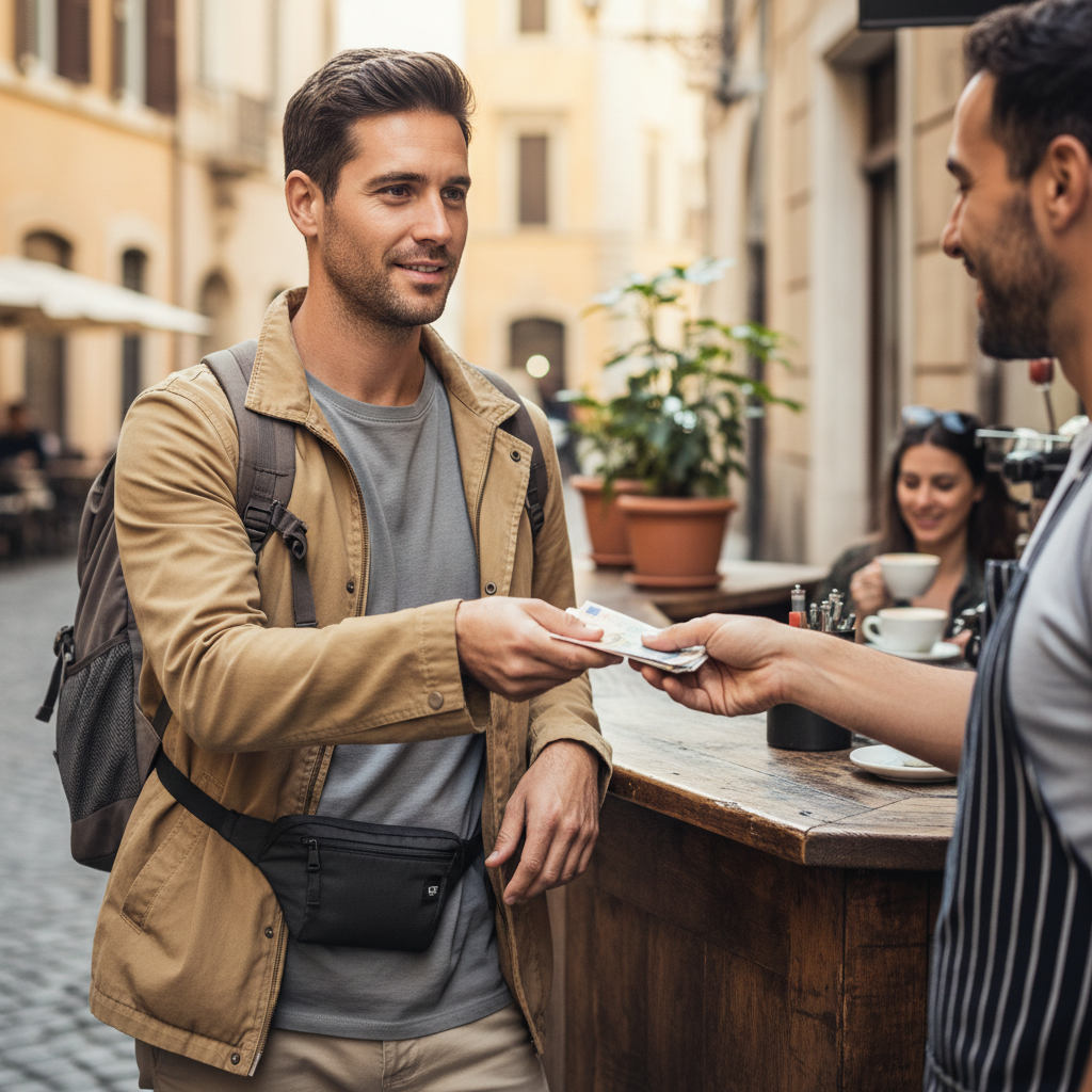 Traveler discreetly paying with small cash while keeping the rest secured in a hidden pouch