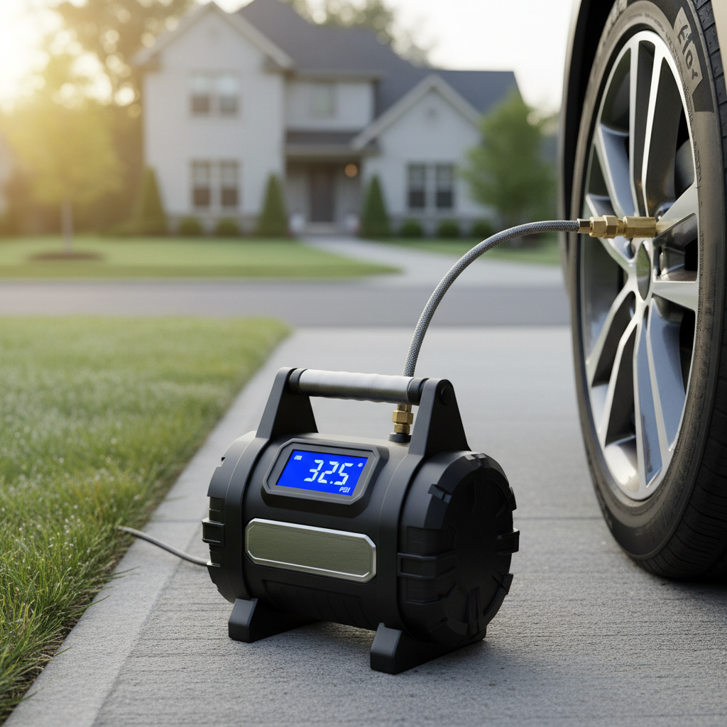 Portable tire inflator connected to a car tire valve stem in a driveway