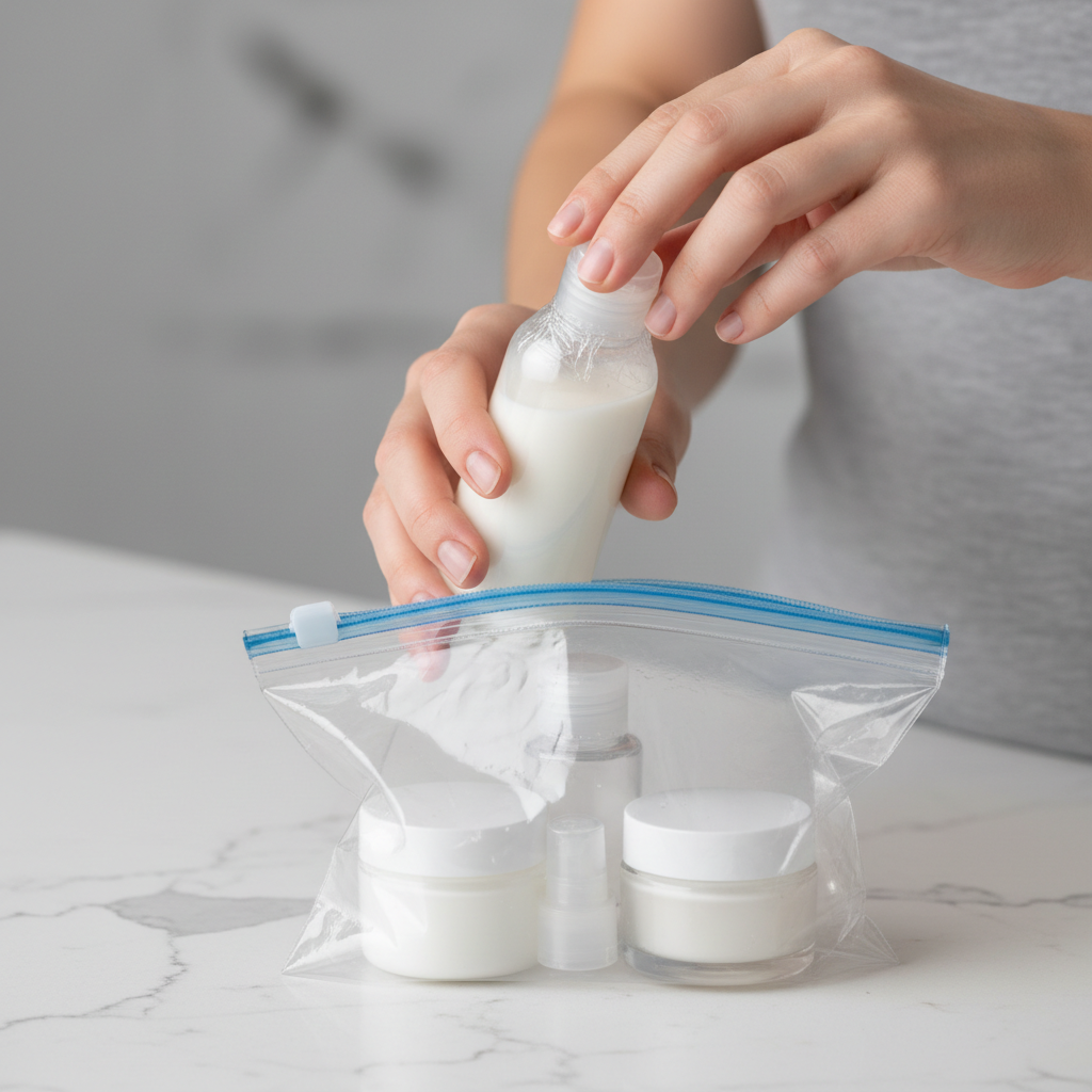 Close-up of travel toiletry bottles being sealed to prevent leaks during flights