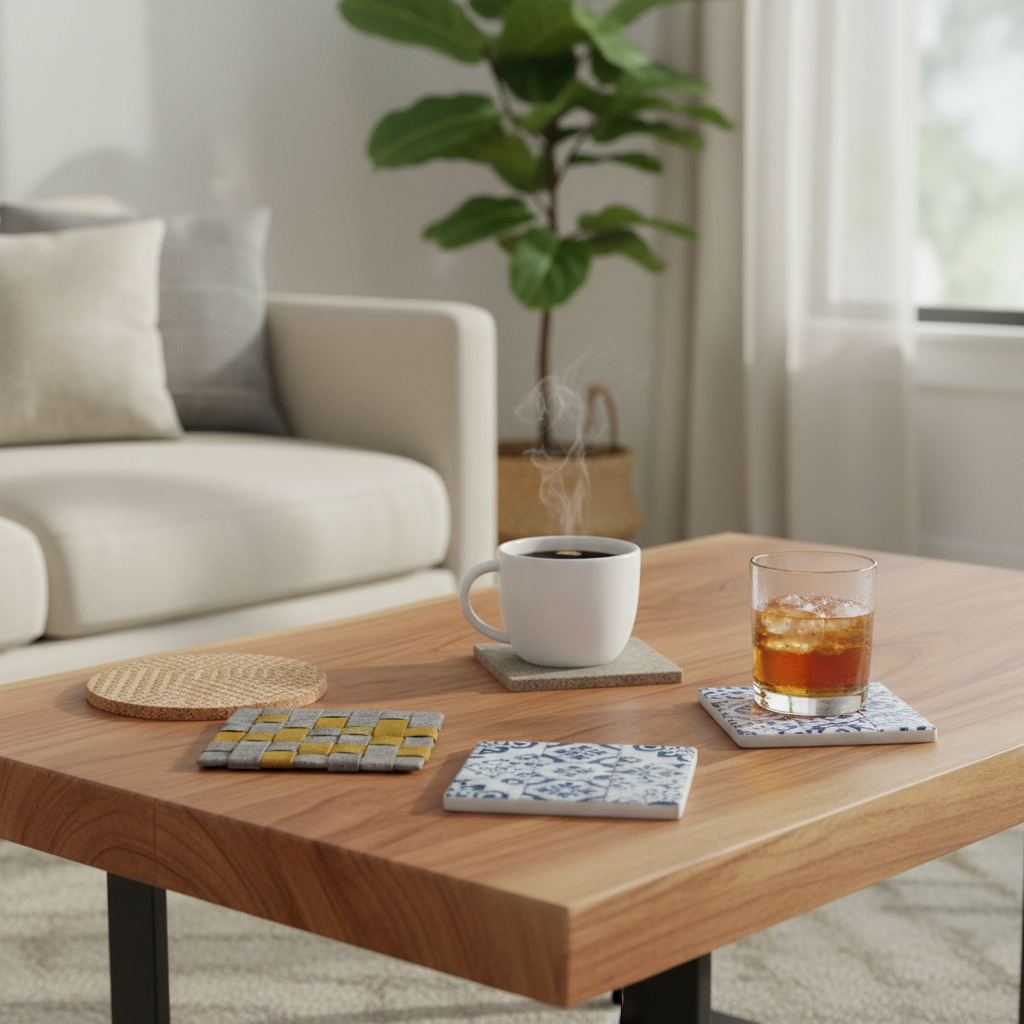 DIY coasters on a wood coffee table protecting from coffee rings