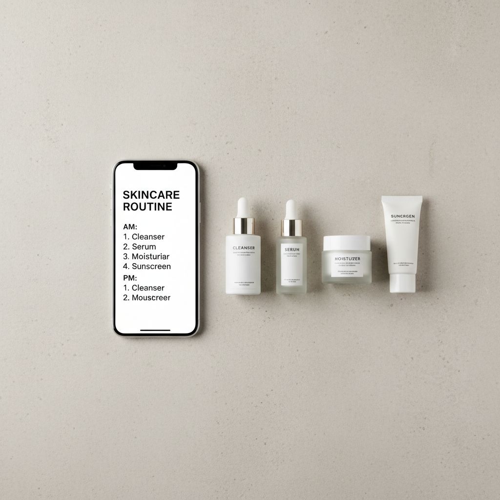 Beginner skincare routine checklist on phone with cleanser moisturizer sunscreen and serum