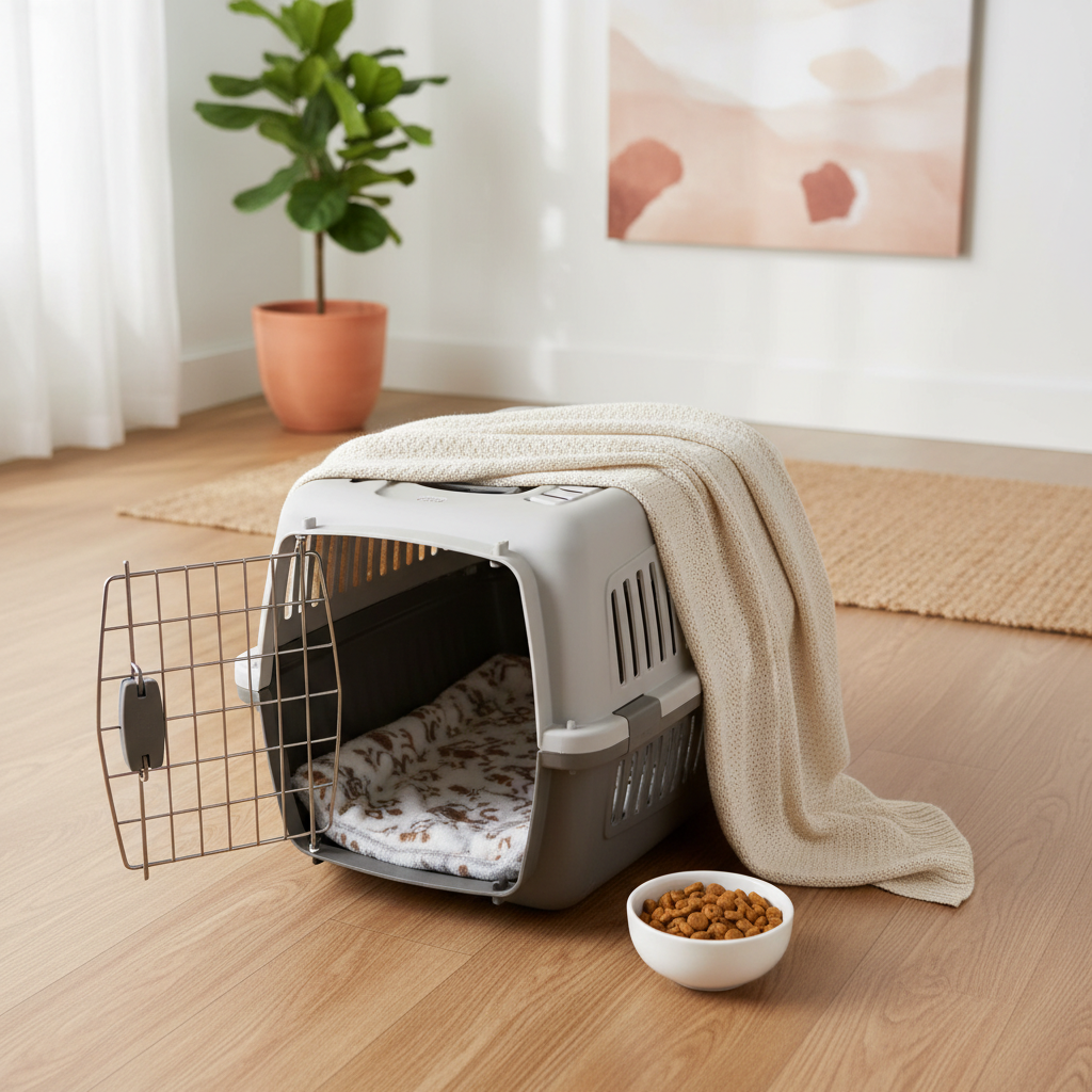 Properly set up cat carrier with non-slip bedding and treats nearby