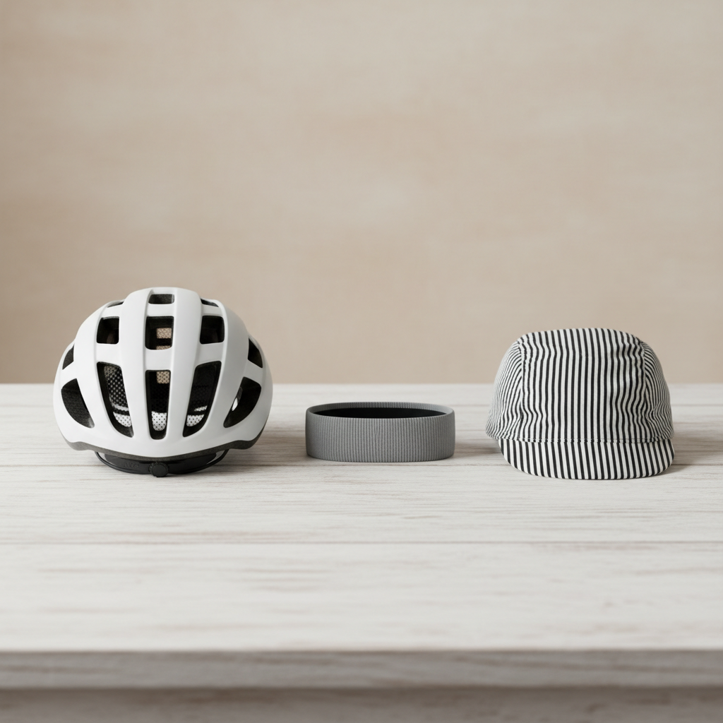 Close-up of cycling helmet pads and sweatband options on a table