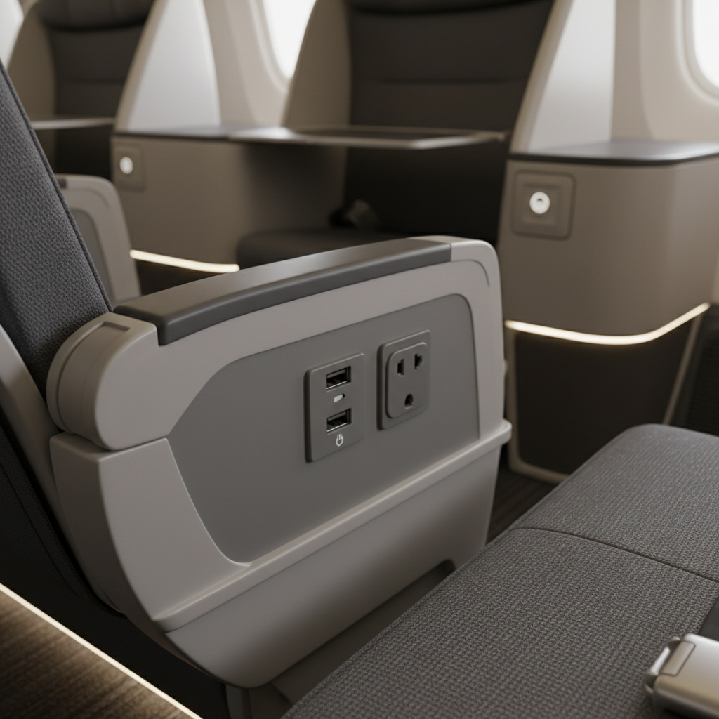 Airplane seat power options showing USB and AC outlet