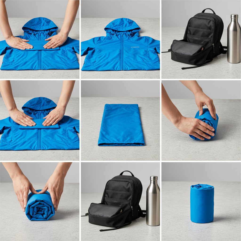 Rolling a rain jacket tightly to save space in a small backpack