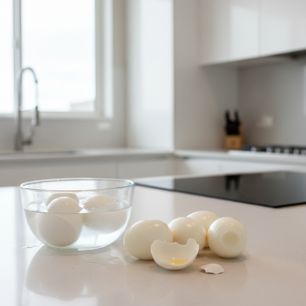 Easy peel boiled eggs with cleanly removed shells on a kitchen counter